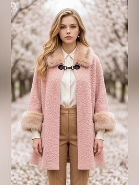 Women's Pink Faux Shearling Coat with Fur Trim